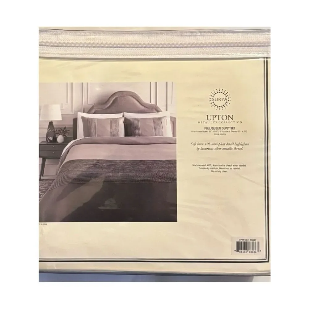 650$ New SURYA Upton Metallic Collection Linen Duvet Set Full/Queen